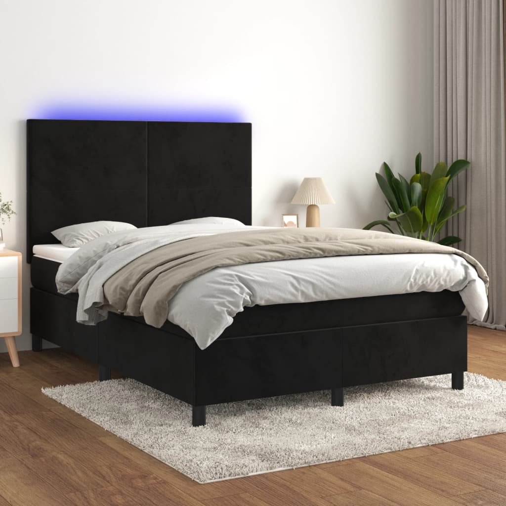 Fekete bársony rugós és led-es ágy matraccal 140x200 cm