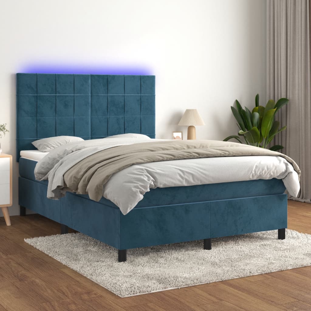 Sötétkék bársony rugós és led-es ágy matraccal 140x190 cm