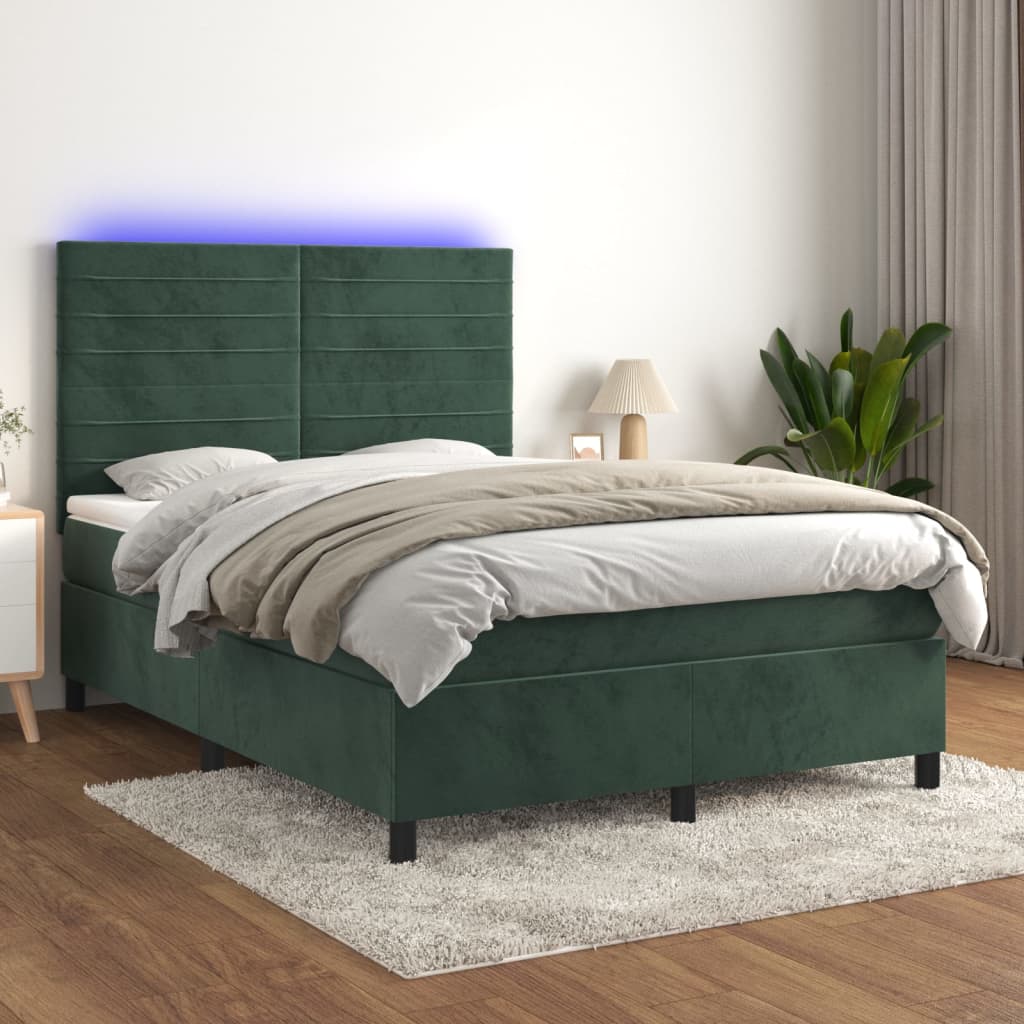 Sötétzöld bársony rugós és led-es ágy matraccal 140x190 cm