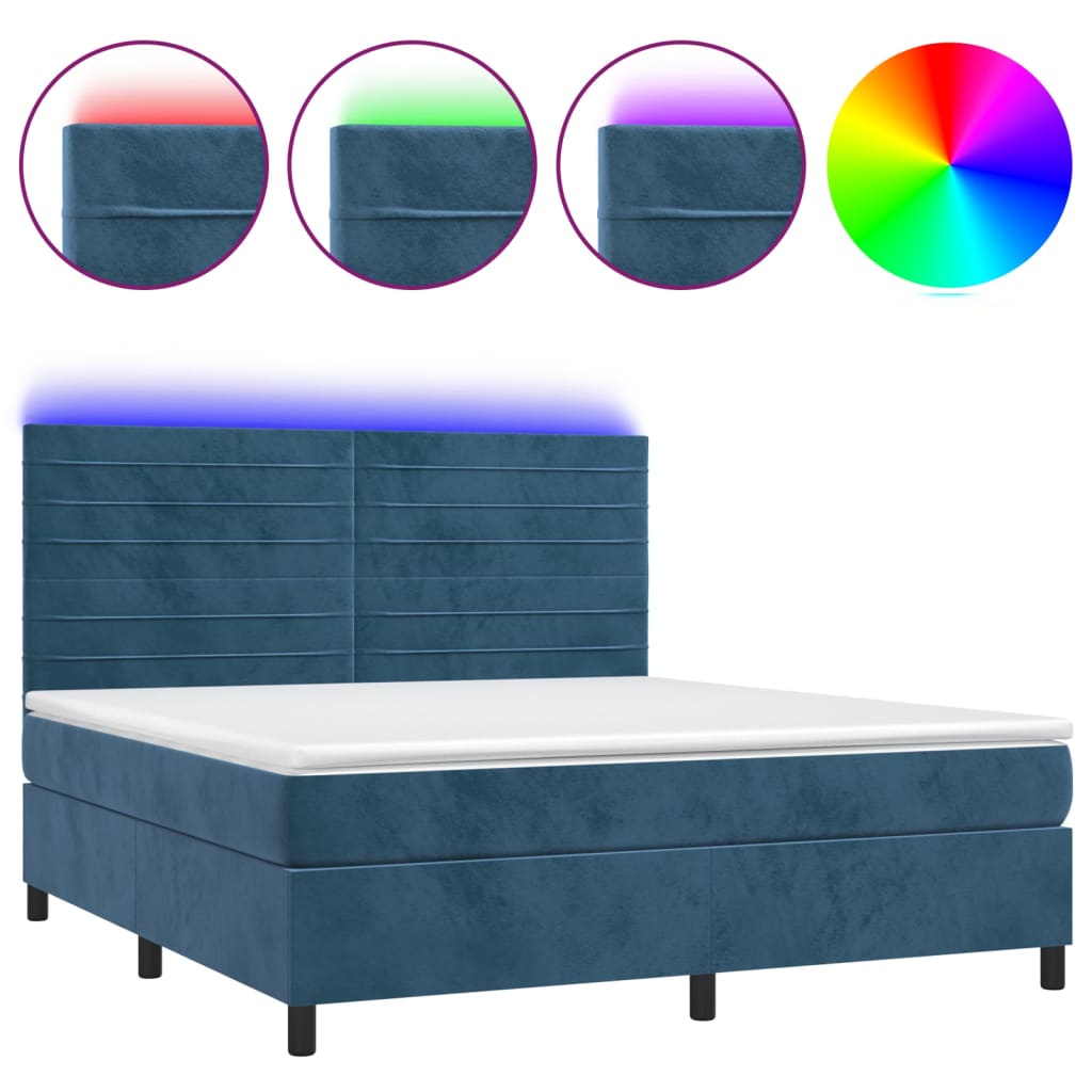 Sötétkék bársony rugós és led-es ágy matraccal 180x200 cm