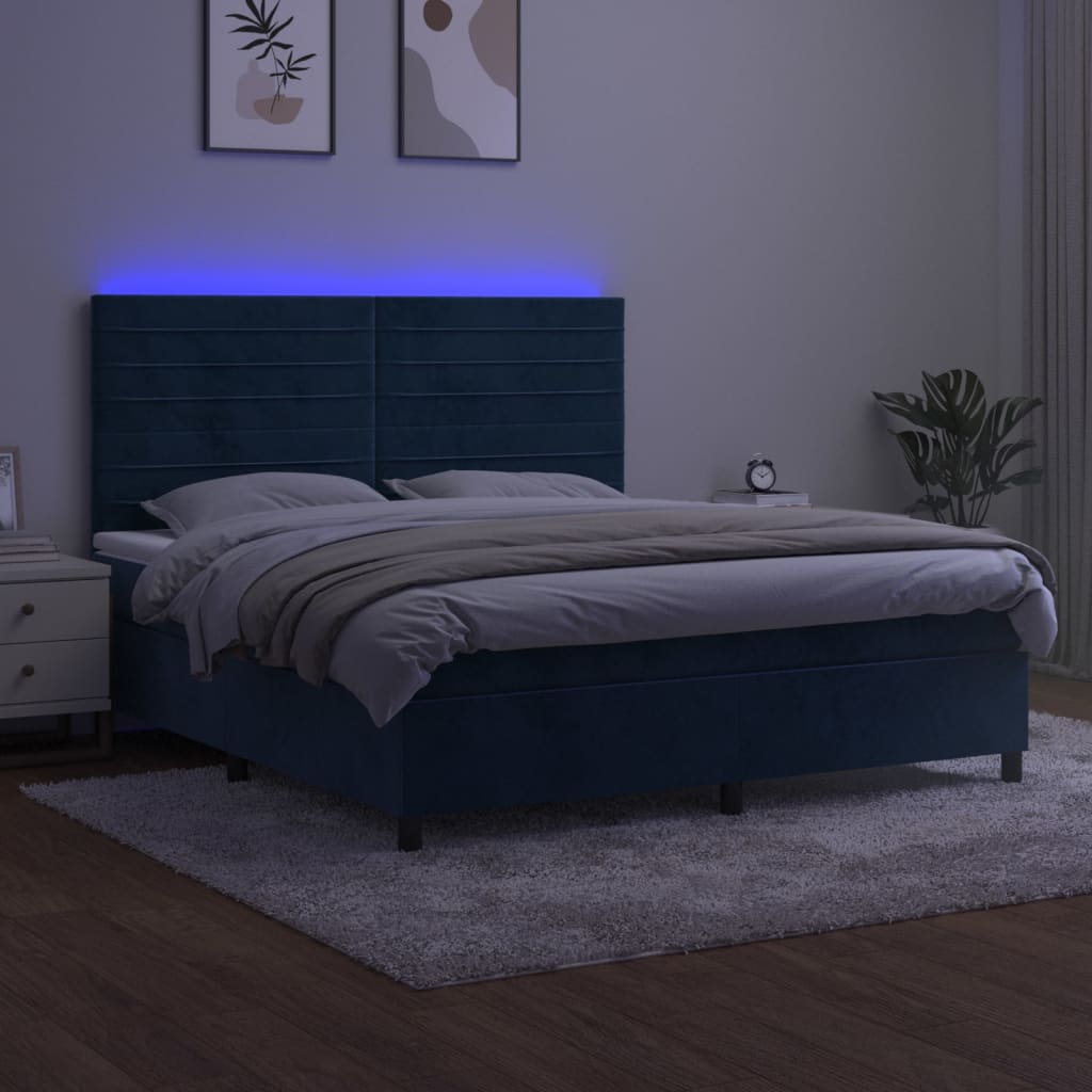 Sötétkék bársony rugós és led-es ágy matraccal 180x200 cm