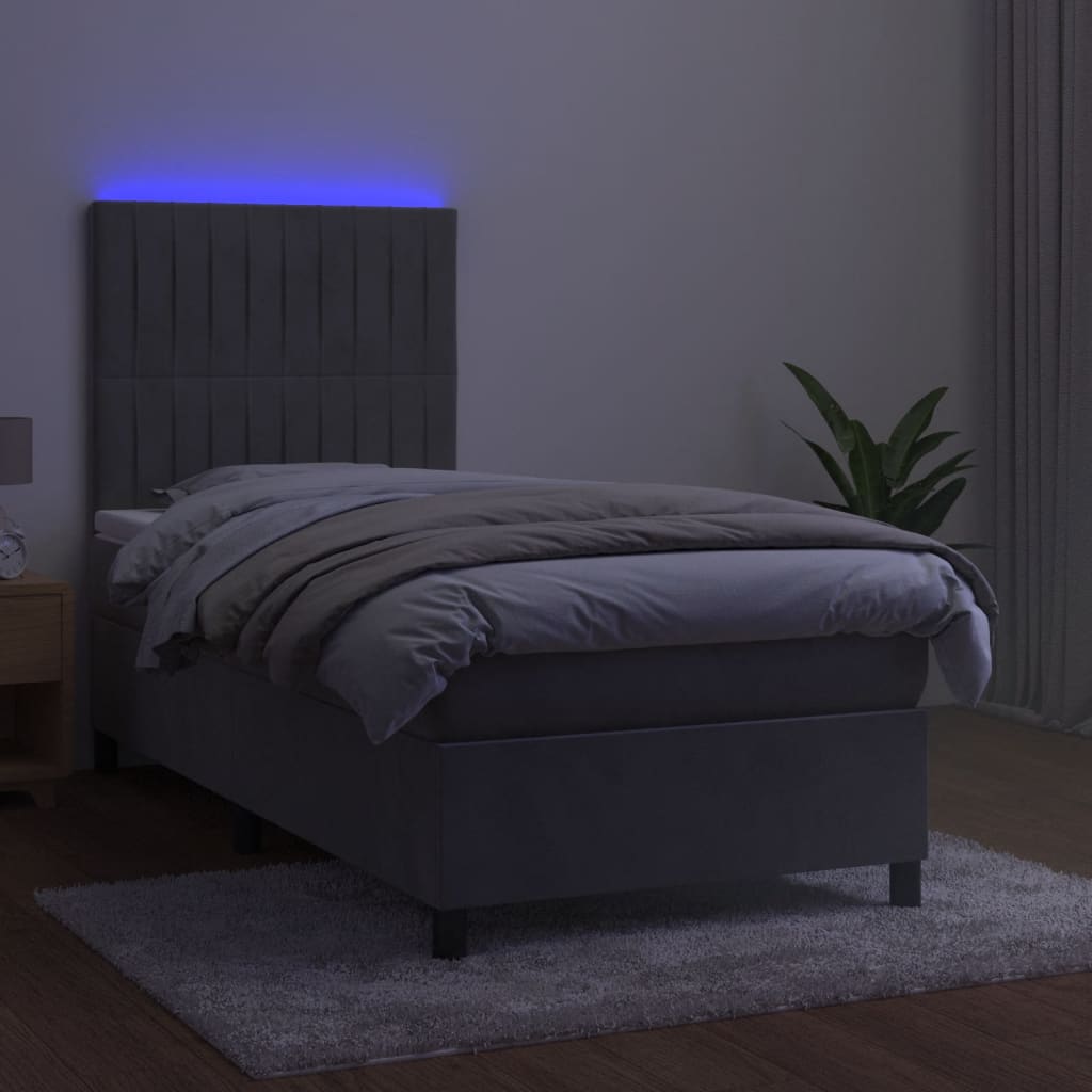 Világosszürke bársony rugós és led-es ágy matraccal 90x190 cm
