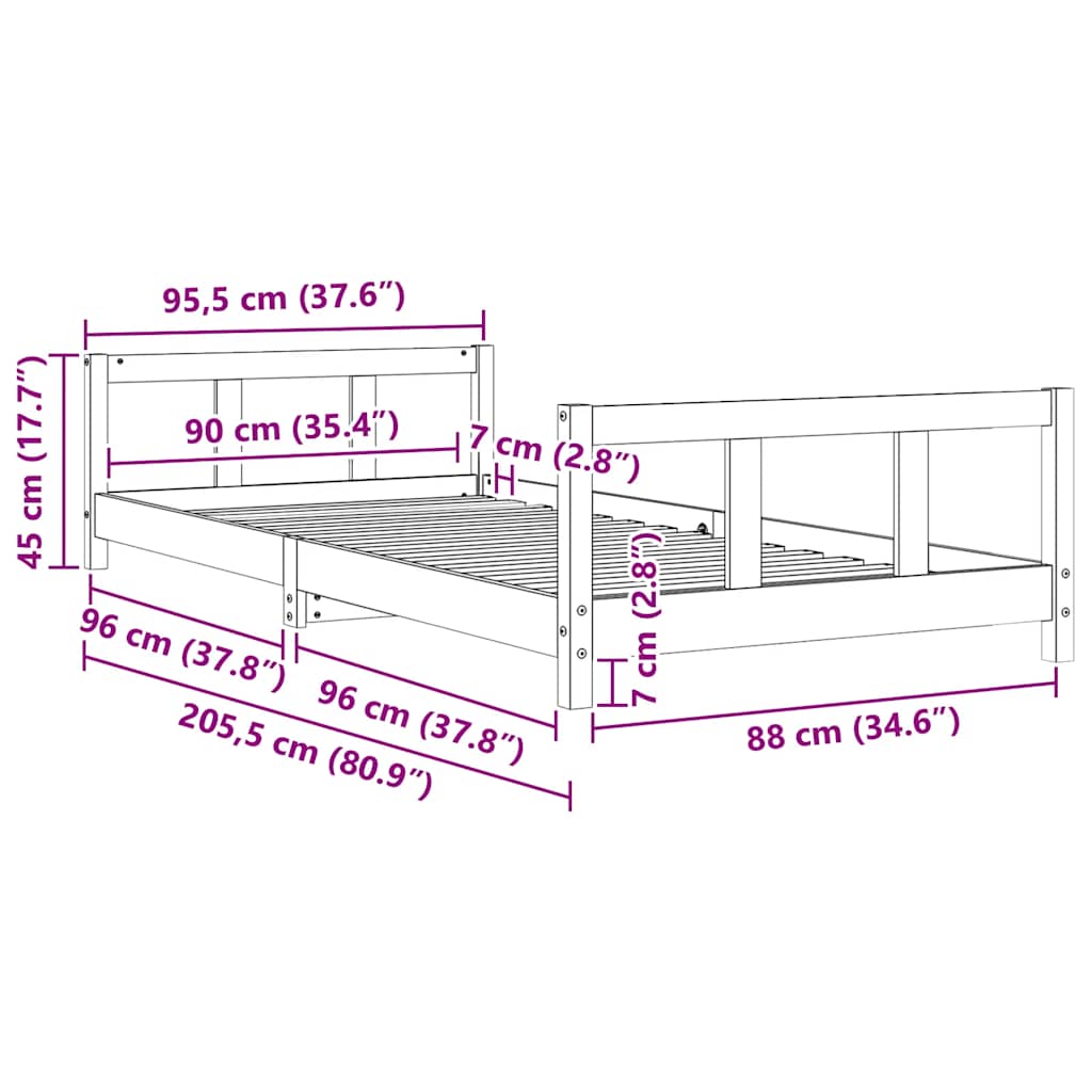 Fehér tömör fenyőfa gyerekágykeret 90 x 200 cm