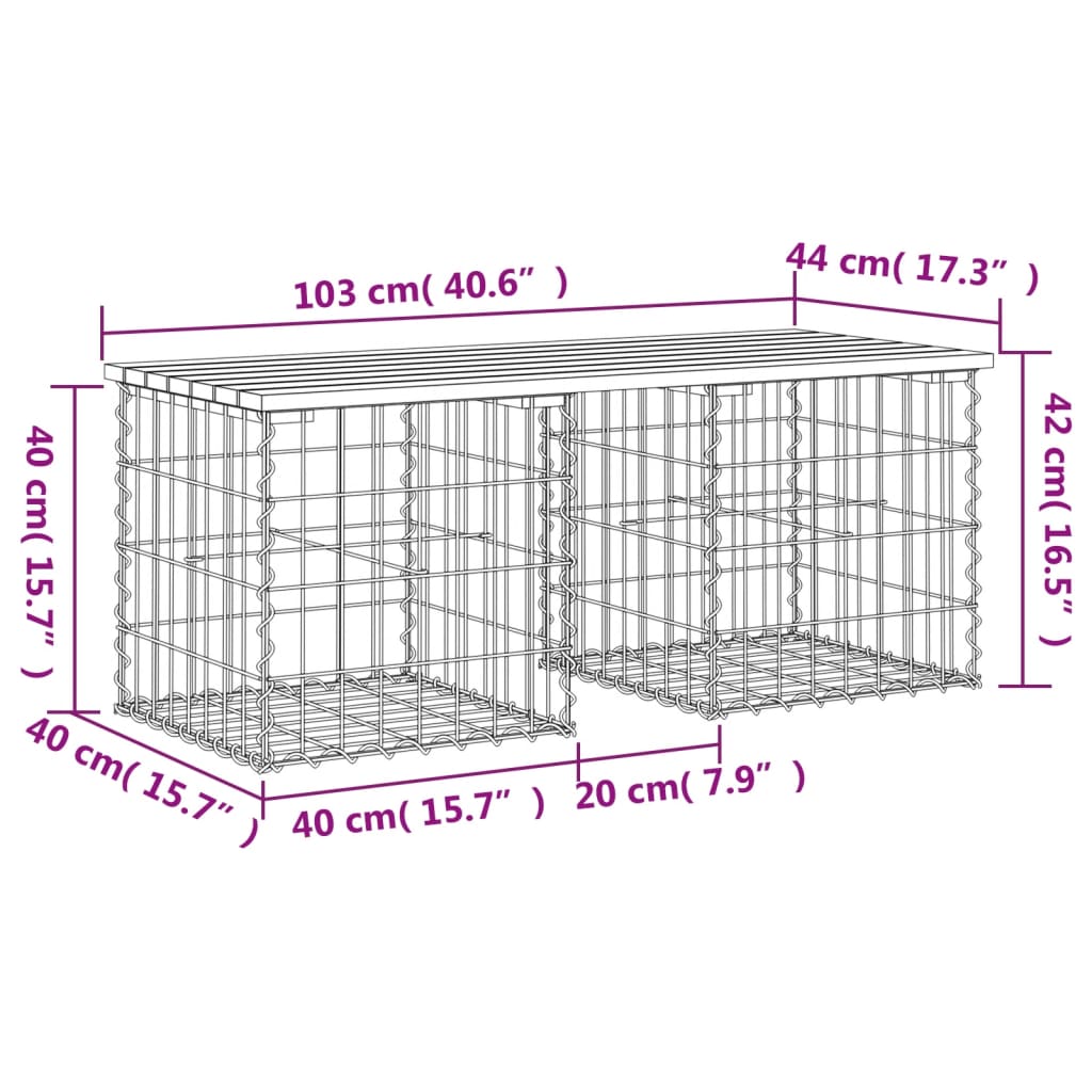 Tömör fenyőfa gabion kerti pad 103x44x42 cm