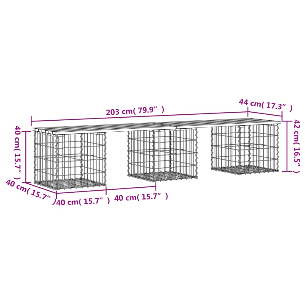 Tömör fenyőfa gabion kerti pad 203x44x42 cm