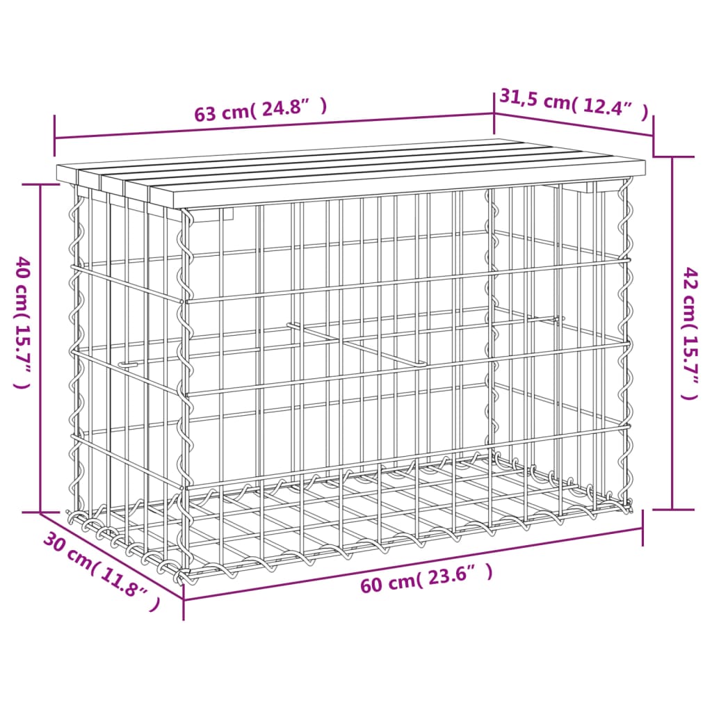 Tömör impergnált fenyőfa gabion kerti pad 63 x 31,5 x 42 cm