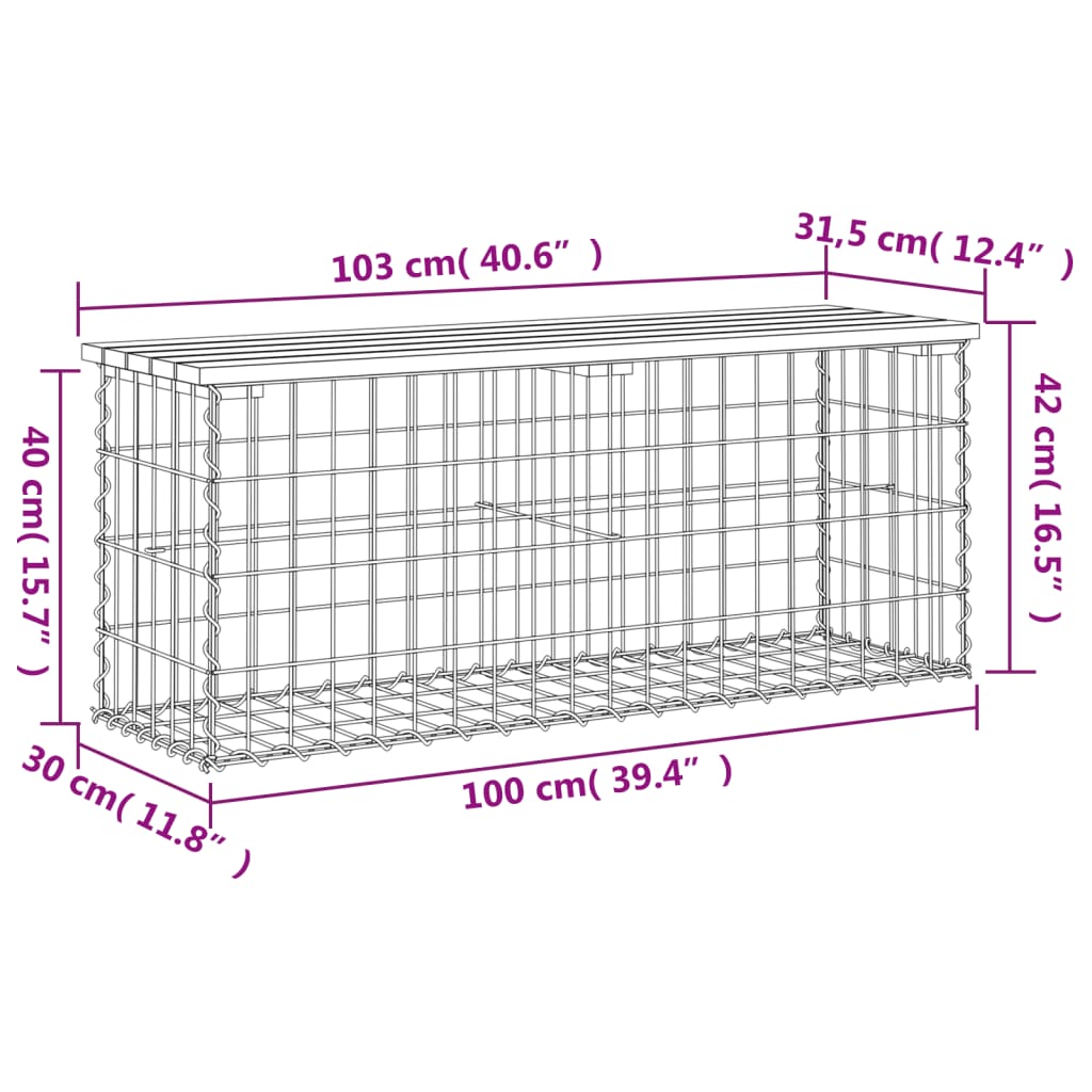 Tömör fenyőfa gabion kerti pad 103x31,5x42 cm
