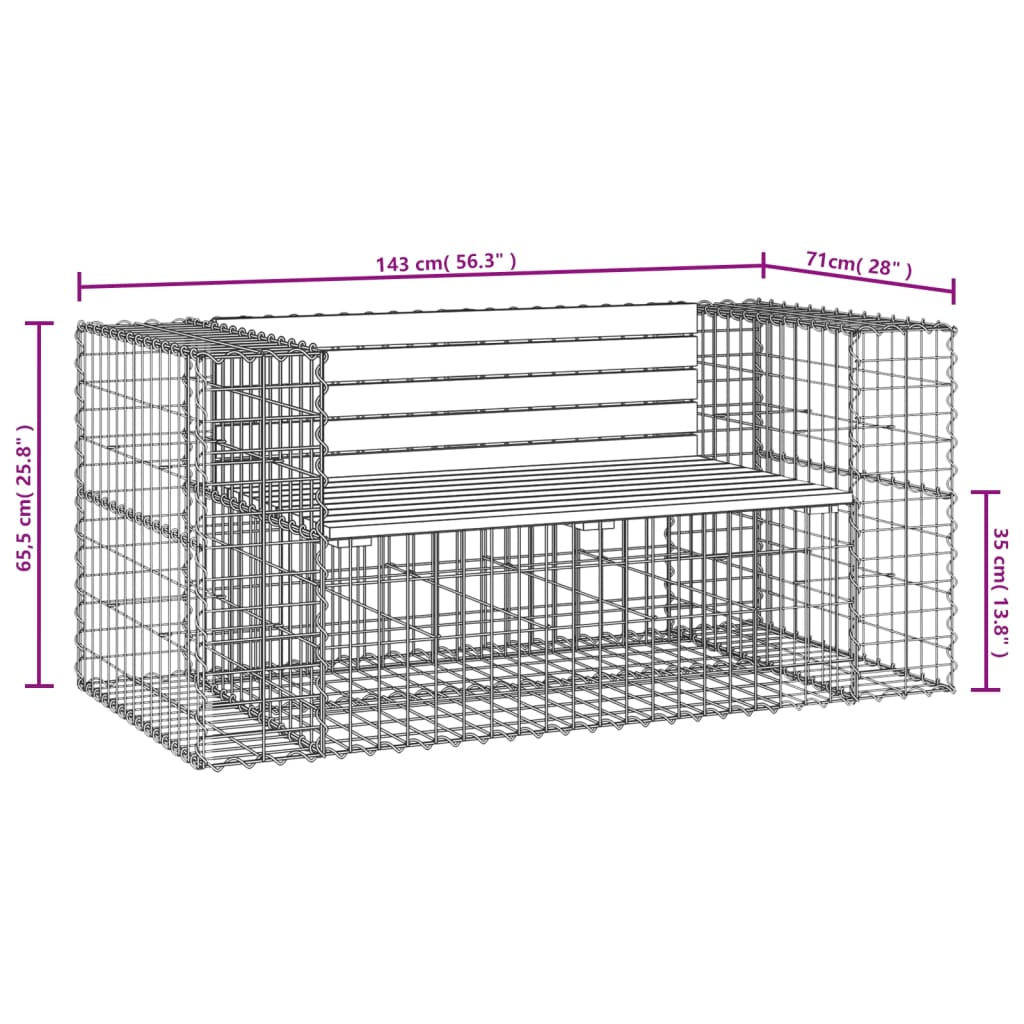 Tömör impregnált fenyőfa gabion kerti pad 143x71x65,5 cm