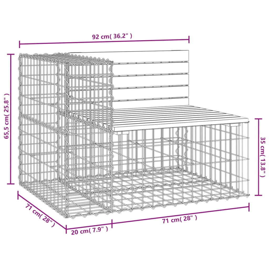Tömör fenyőfa gabion kerti pad 92x71x65,5 cm