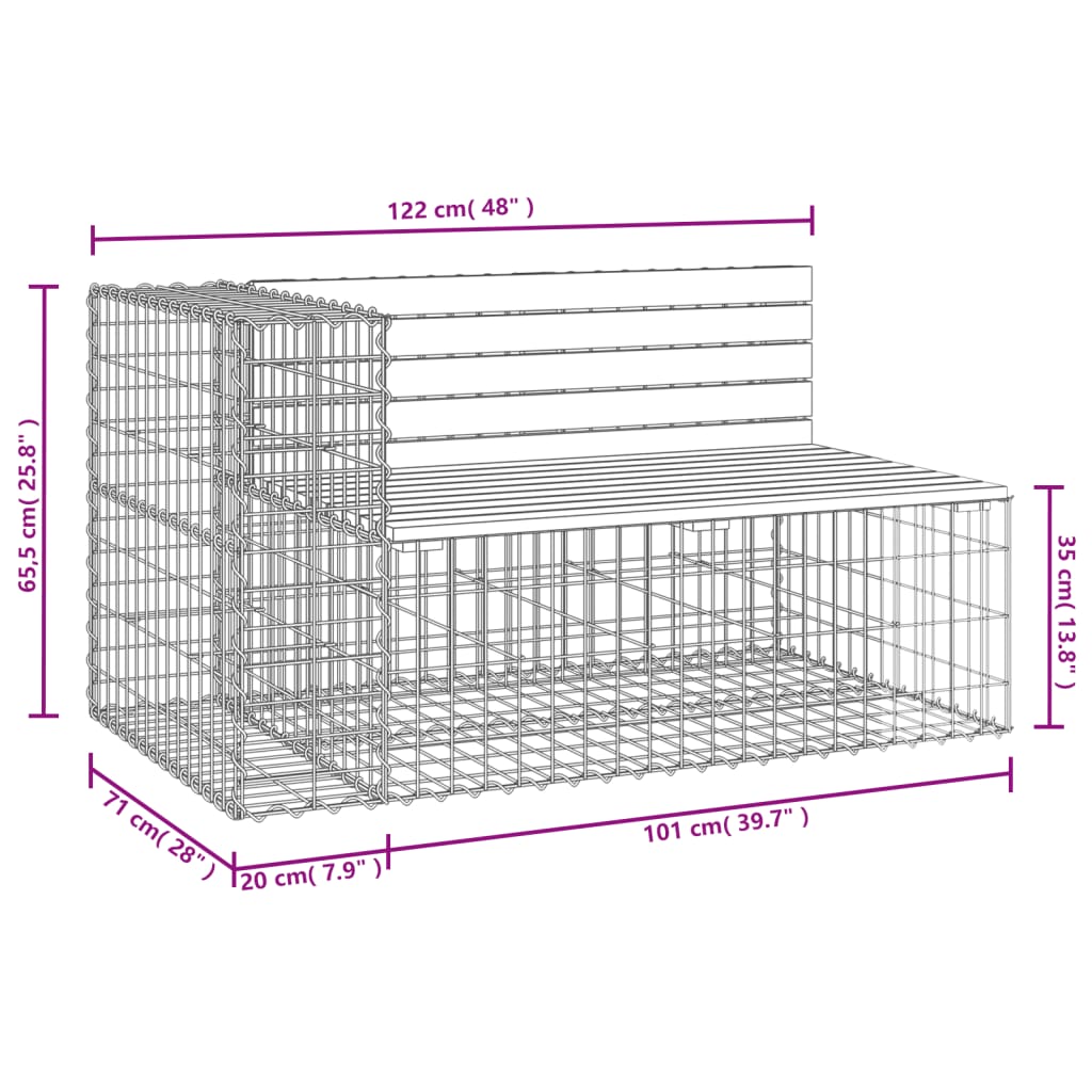 Tömör fenyőfa gabion kerti pad 122x71x65,5 cm
