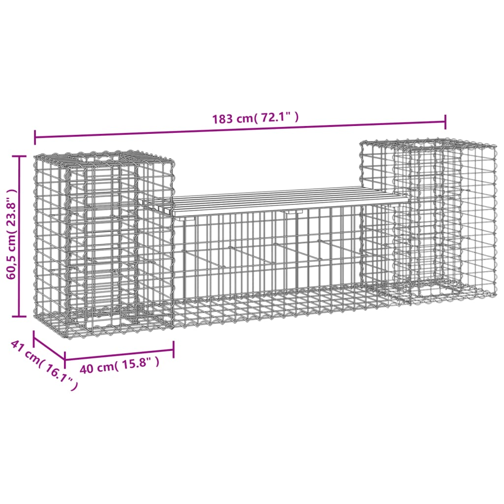 Tömör fenyőfa gabion kerti pad 183x41x60,5 cm