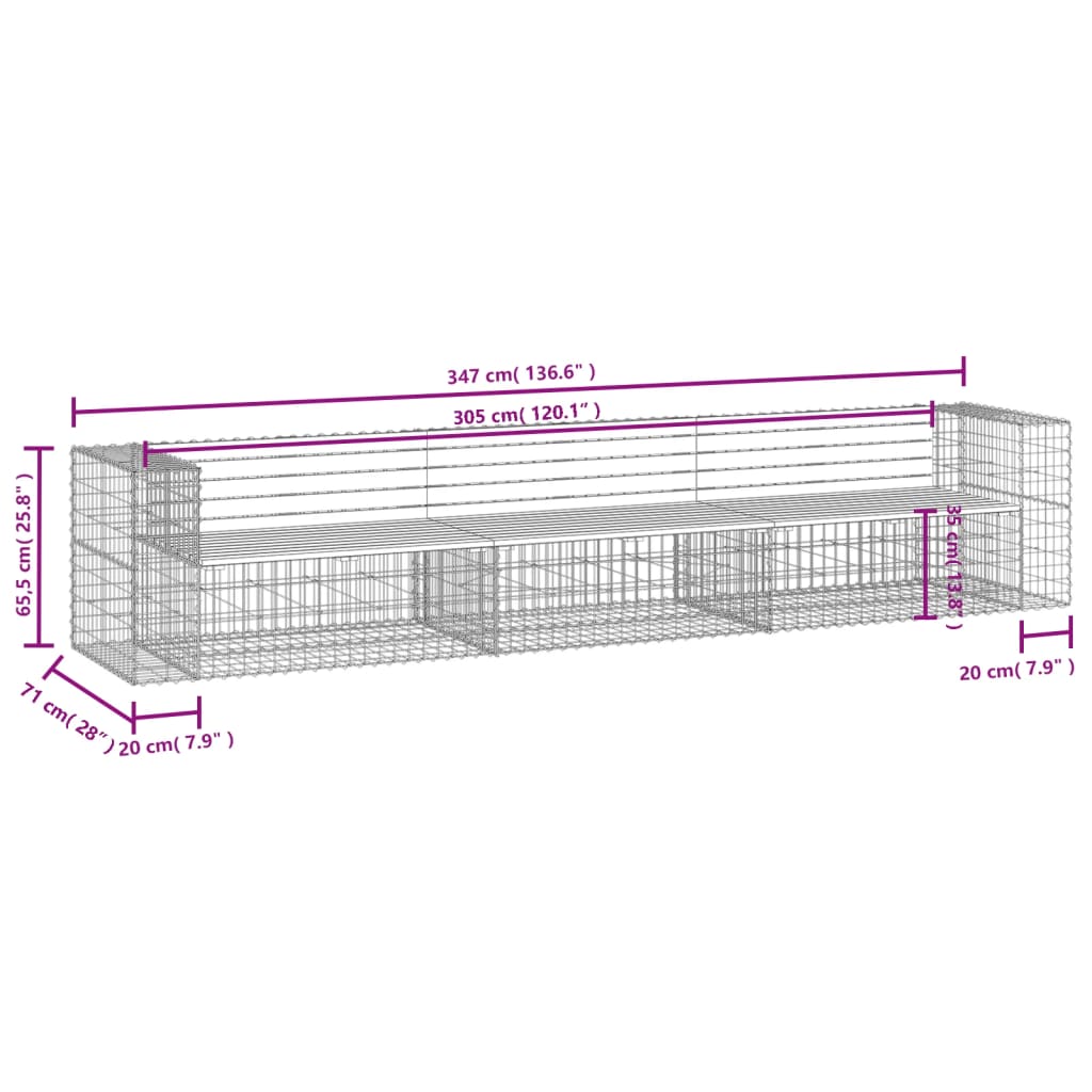 Tömör impregnált fenyőfa gabion kerti pad 347x71x65,5 cm