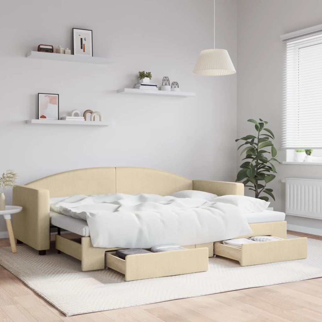 Krémszínű kihúzható szövet heverő fiókokkal 80 x 200 cm Krémszínű kihúzható szövet heverő fiókokkal 80 x 200 cm