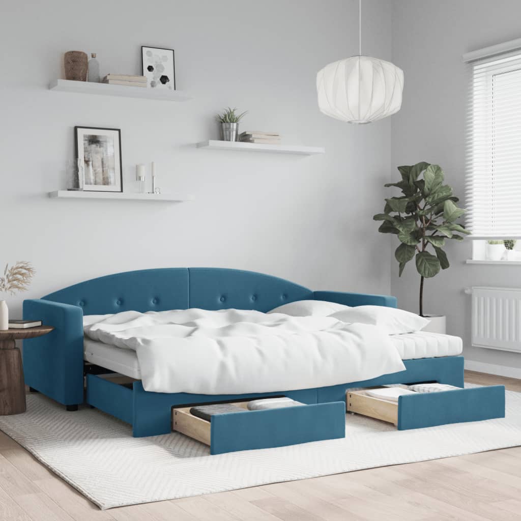 Kék kihúzható bársony heverő fiókokkal 80 x 200 cm Kék kihúzható bársony heverő fiókokkal 80 x 200 cm
