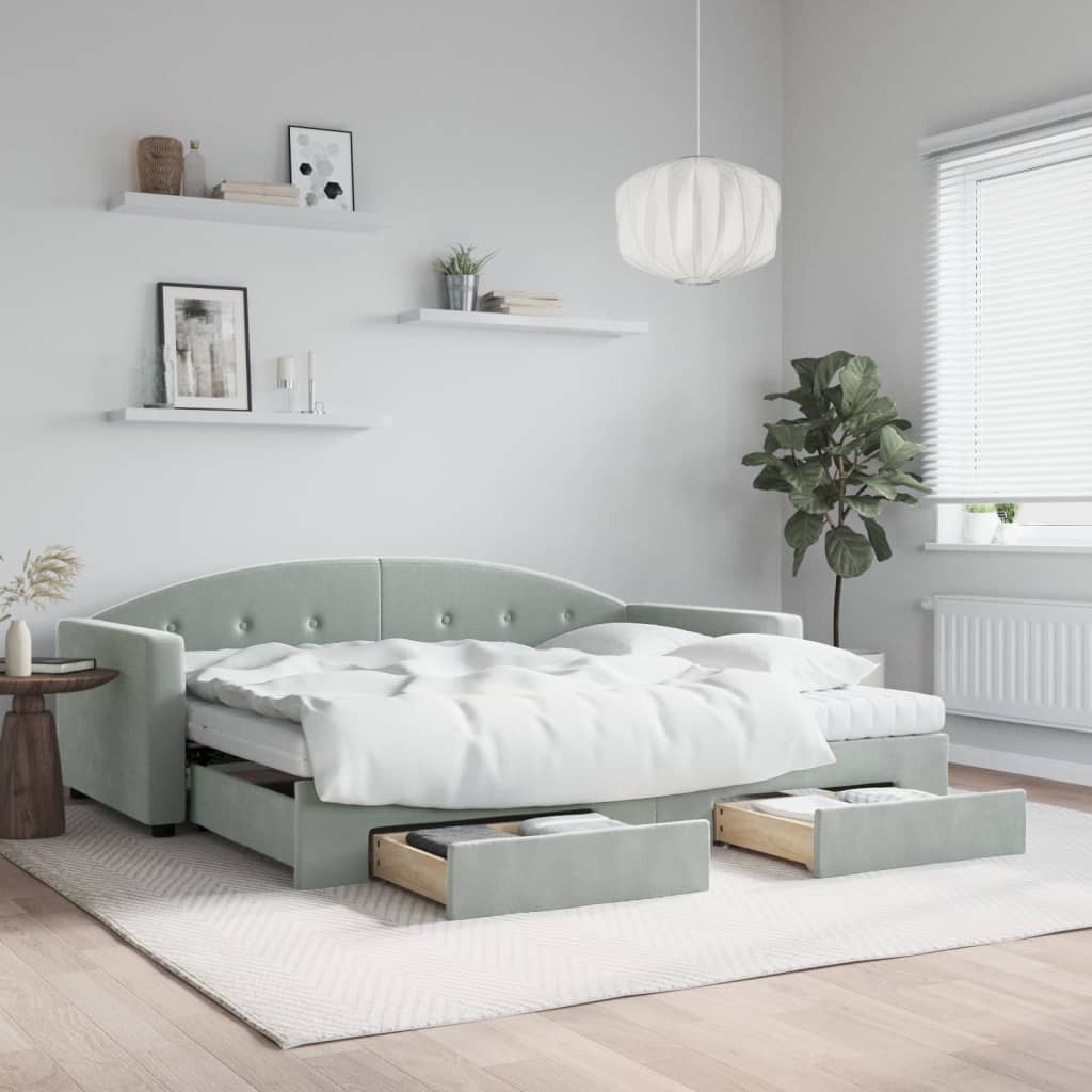 Világosszürke kihúzható bársony heverő fiókkal 90 x 200 cm Világosszürke kihúzható bársony heverő fiókkal 90 x 200 cm