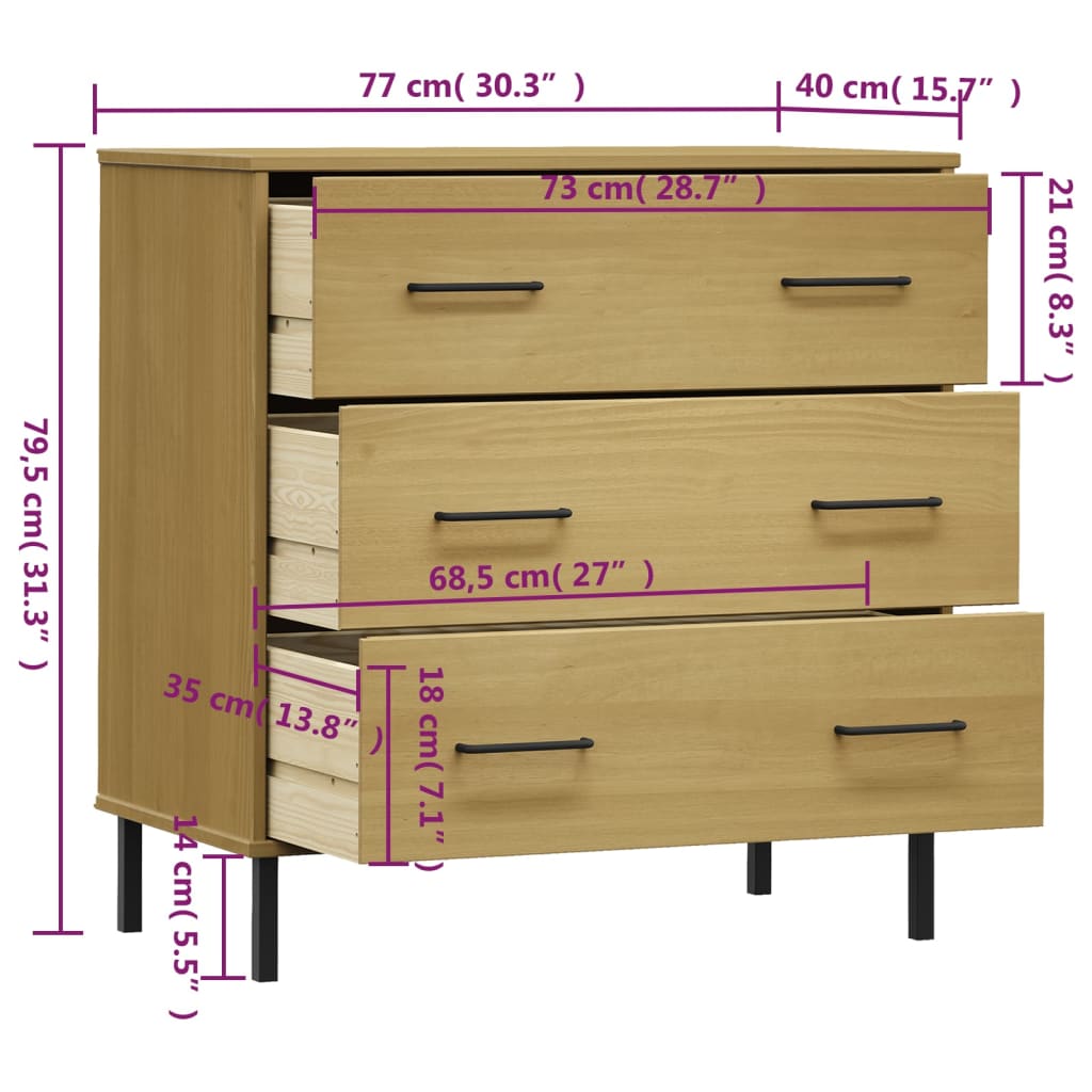 Oslo barna tömör fa tálalószekrény 3 fiókkal 77 x 40 x 79,5 cm