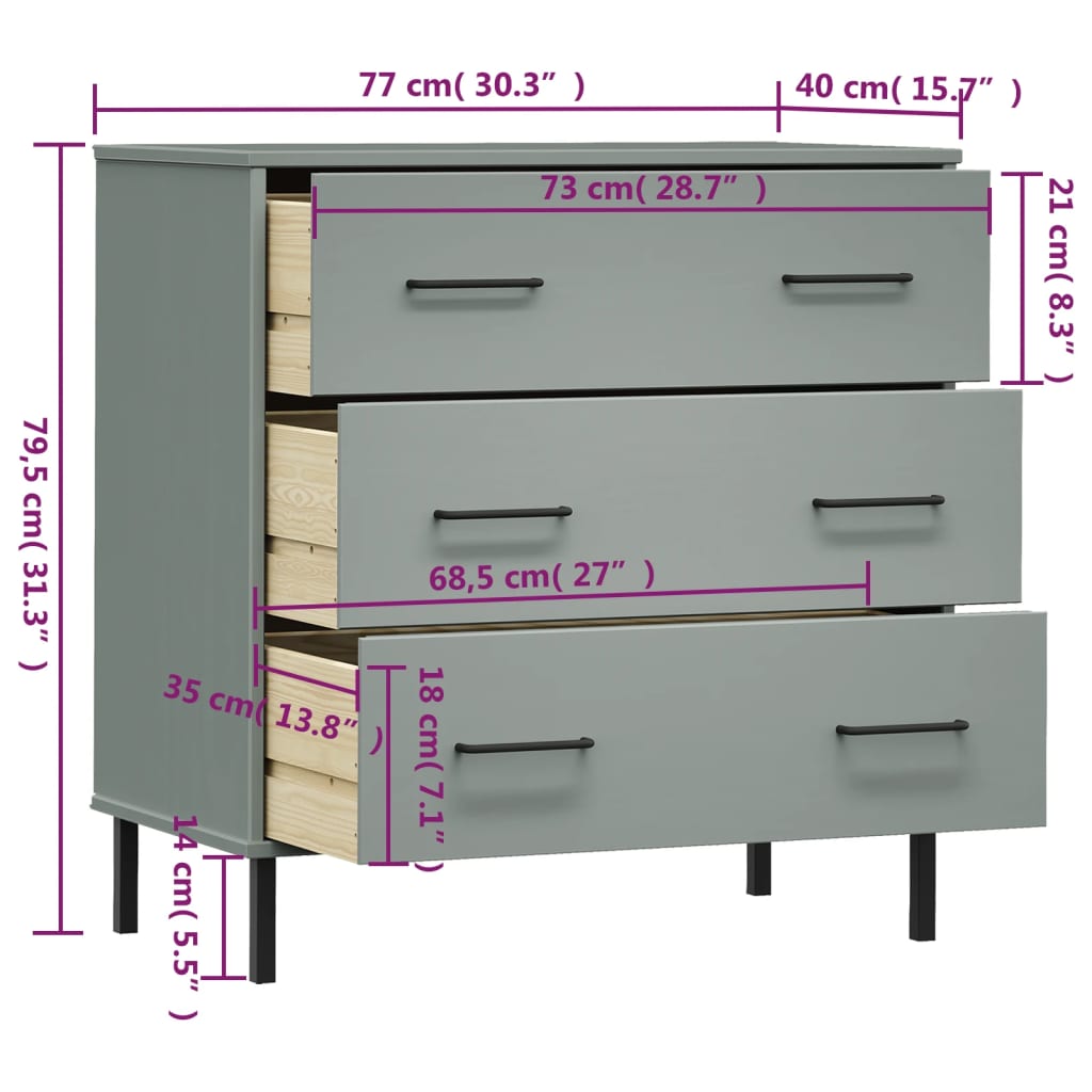 Oslo szürke tömör fa tálalószekrény 3 fiókkal 77 x 40 x 79,5 cm Oslo szürke tömör fa tálalószekrény 3 fiókkal 77 x 40 x 79,5 cm
