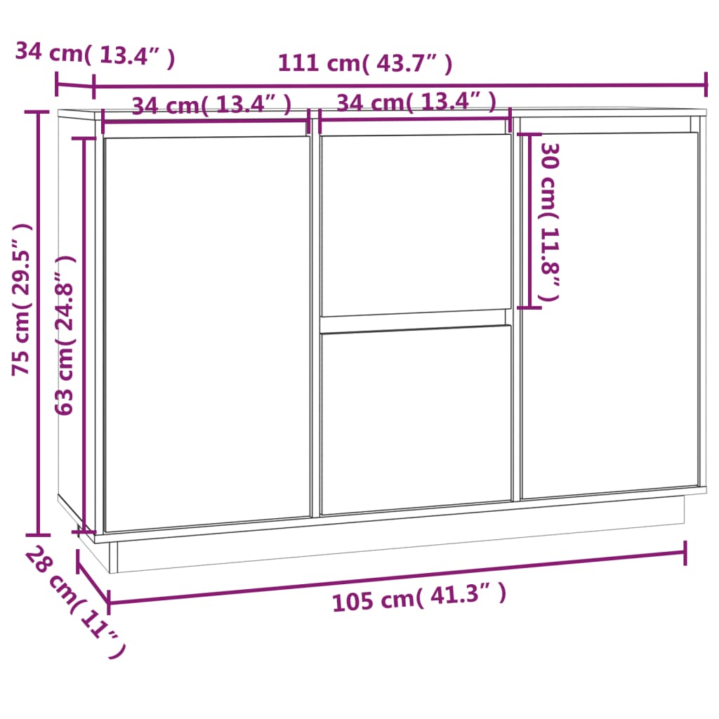 Fehér tömör fenyőfa tálalószekrény 111 x 34 x 75 cm Fehér tömör fenyőfa tálalószekrény 111 x 34 x 75 cm