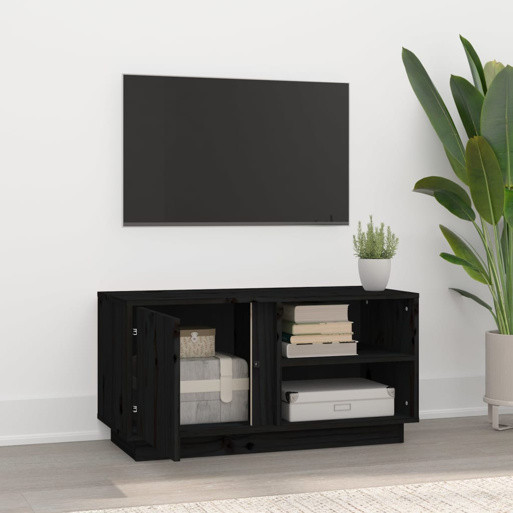 Fekete tömör fenyőfa tv-szekrény 80 x 35 x 40,5 cm Fekete tömör fenyőfa tv-szekrény 80 x 35 x 40,5 cm