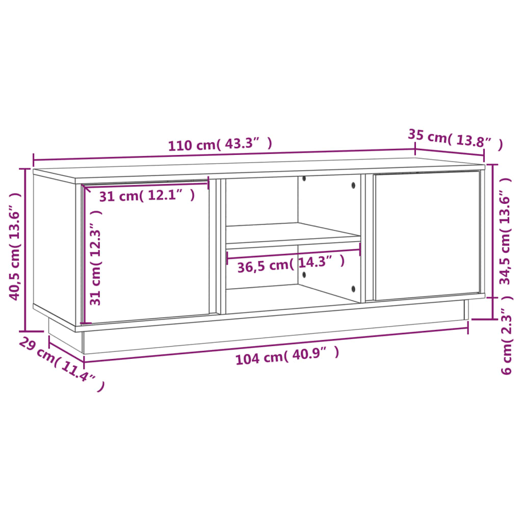 Fekete tömör fenyőfa tv-szekrény 110x35x40,5 cm