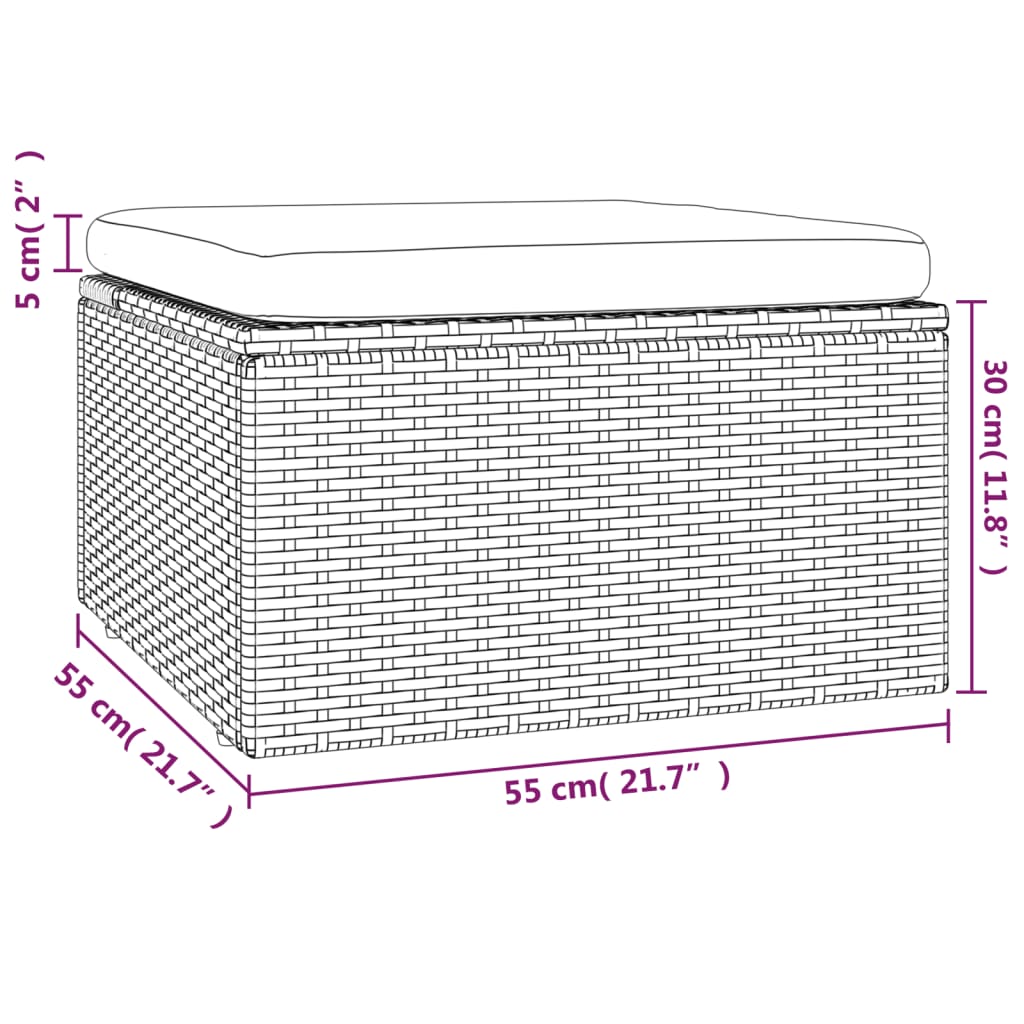 Szürke polyrattan kerti lábtartó párnával 55 x 55 x 30 cm
