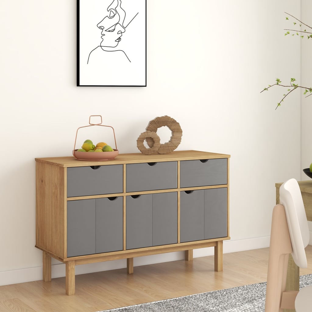 Otta barna és szürke tömör fenyőfa tálalószekrény 114x43x73,5cm