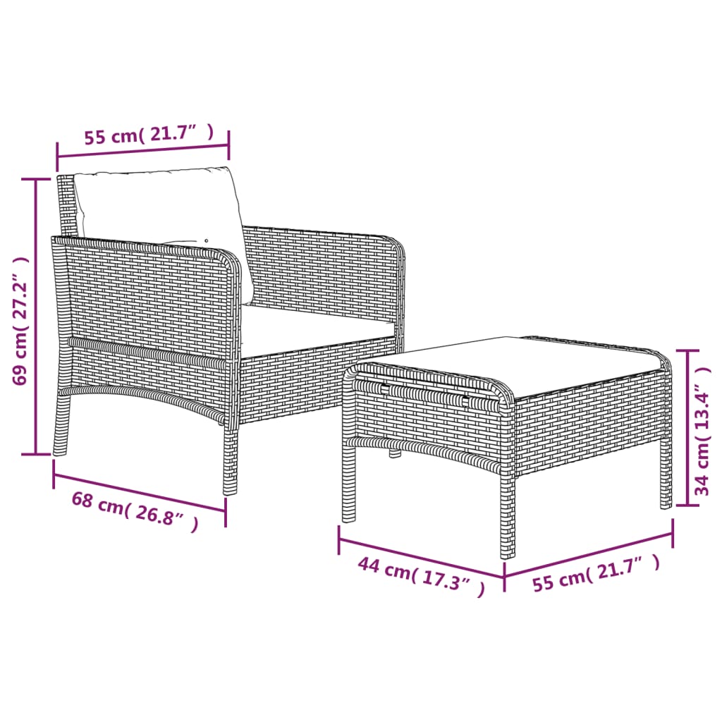 2 részes fekete polyrattan kerti ülőgarnitúra párnákkal