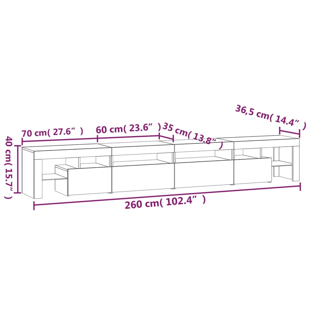 Betonszürke tv-szekrény led lámpákkal 260x36,5x40 cm