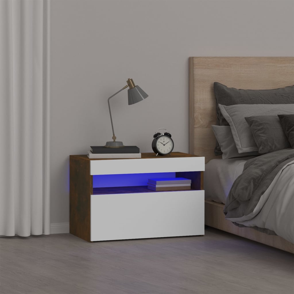 Füstös tölgyszínű éjjeliszekrény led világítással 60x35x40 cm