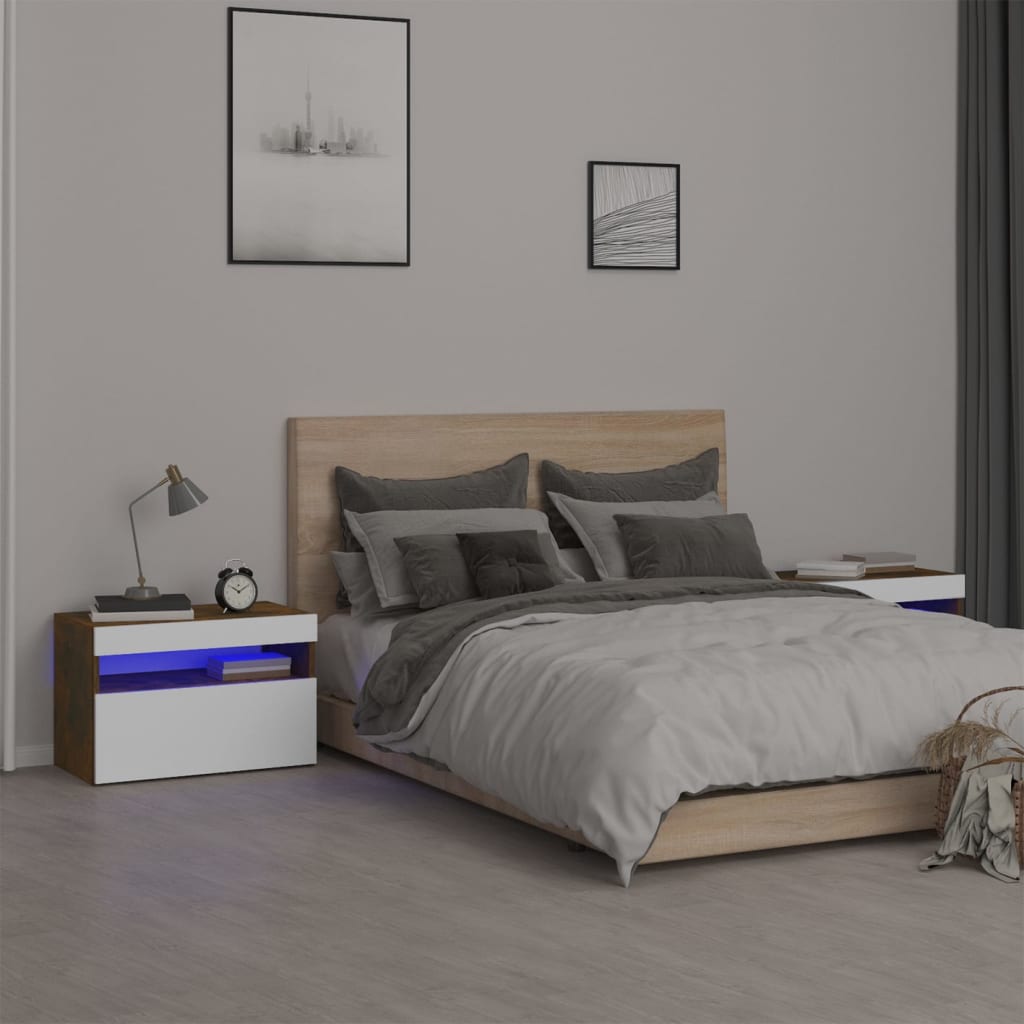2 db füstös tölgyszínű éjjeliszekrény led fényekkel 60x35x40 cm