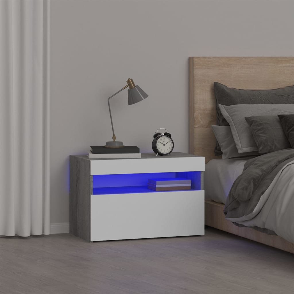 Szürke sonoma színű éjjeliszekrény led világítással 60x35x40 cm