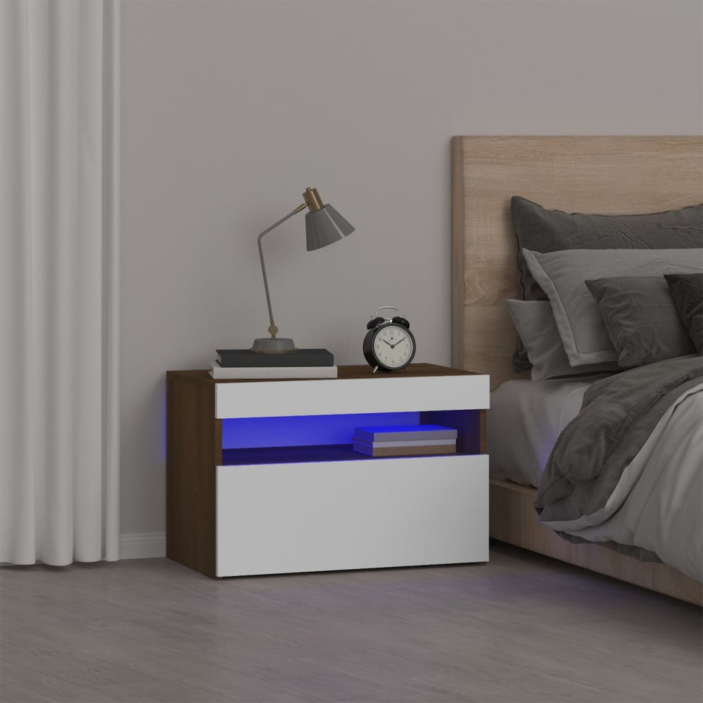 Barna tölgyszínű éjjeliszekrény led világítással 60x35x40 cm