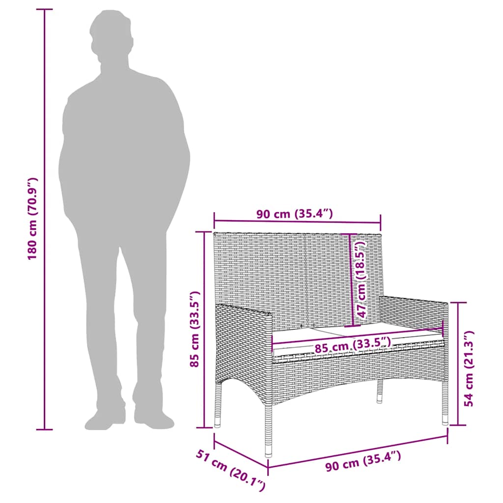 2 személyes barna polyrattan kerti kanapé párnával