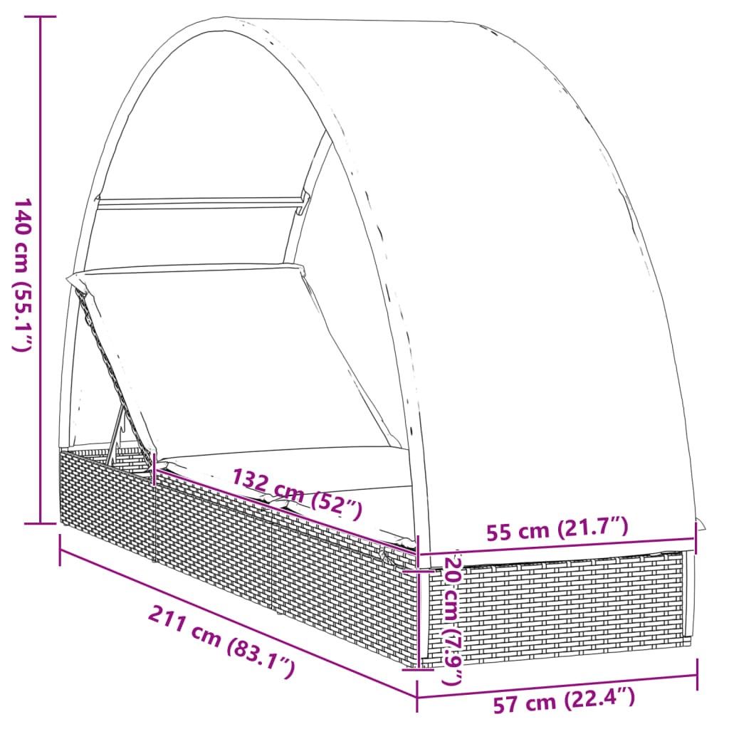 Szürke polyrattan napágy kerek tetővel 211 x 57 x 140 cm