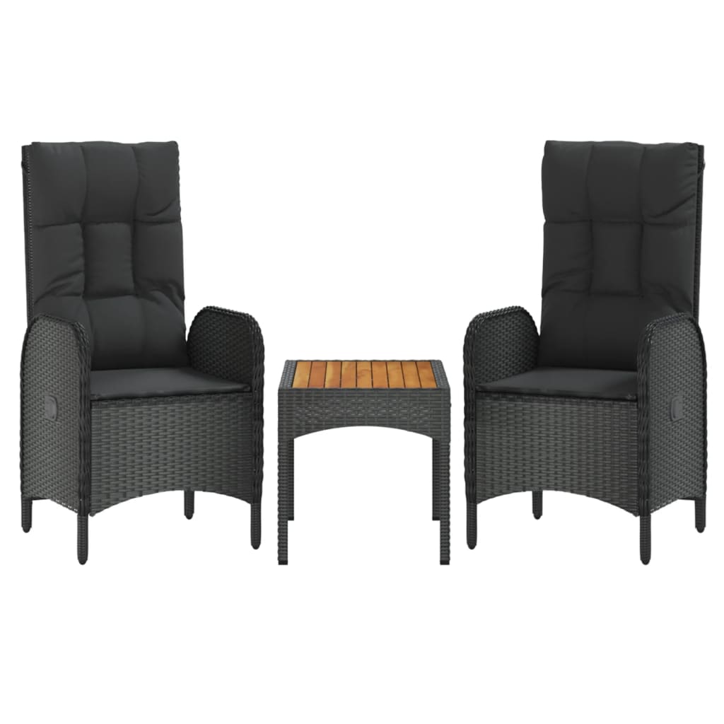 3 részes fekete polyrattan kerti ülőgarnitúra párnákkal