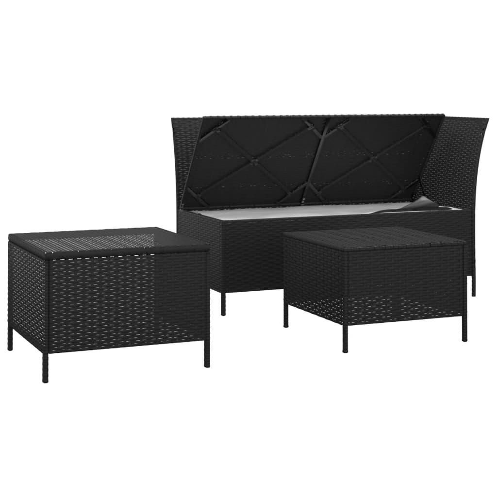 3 részes fekete polyrattan kerti ülőgarnitúra párnákkal