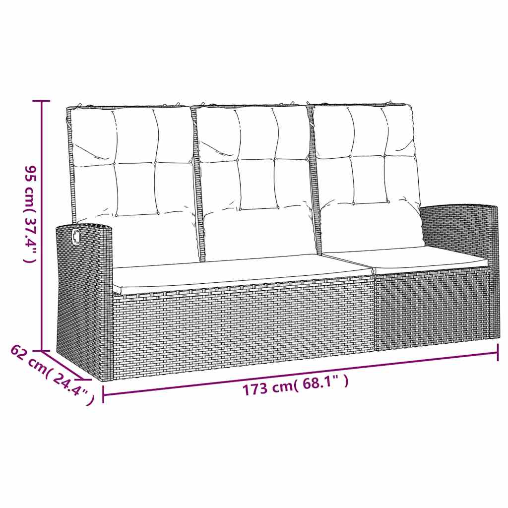 Szürke polyrattan dönthető kerti pad párnával 173 cm
