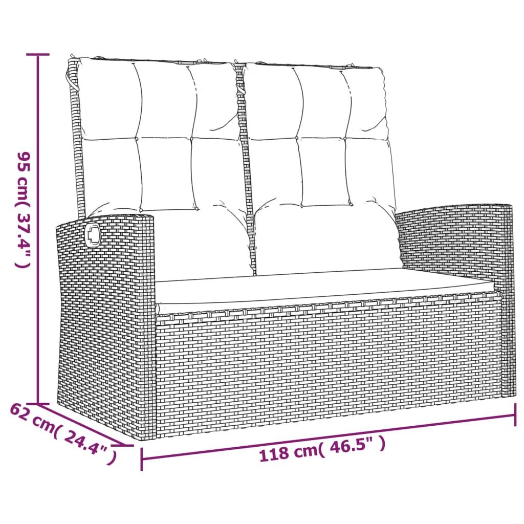 Szürke polyrattan dönthető kerti pad párnákkal 118 cm