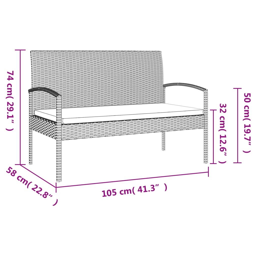 Szürke polyrattan kerti pad párnával 105 cm