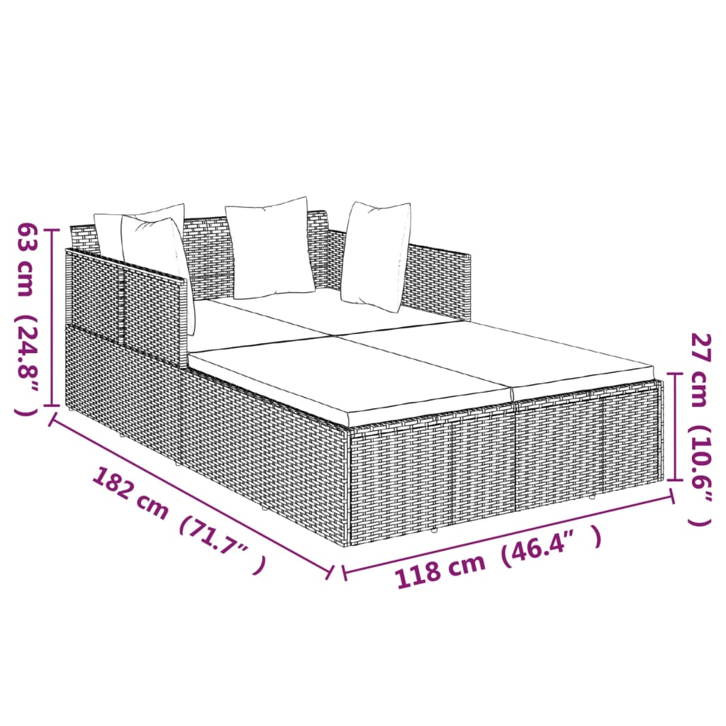 Fekete polyrattan napozóágy párnával 182 x 118 x 63 cm