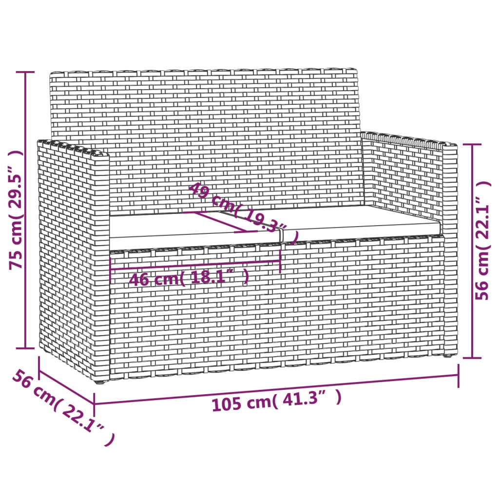 Szürke polyrattan kerti pad párnákkal 105 cm