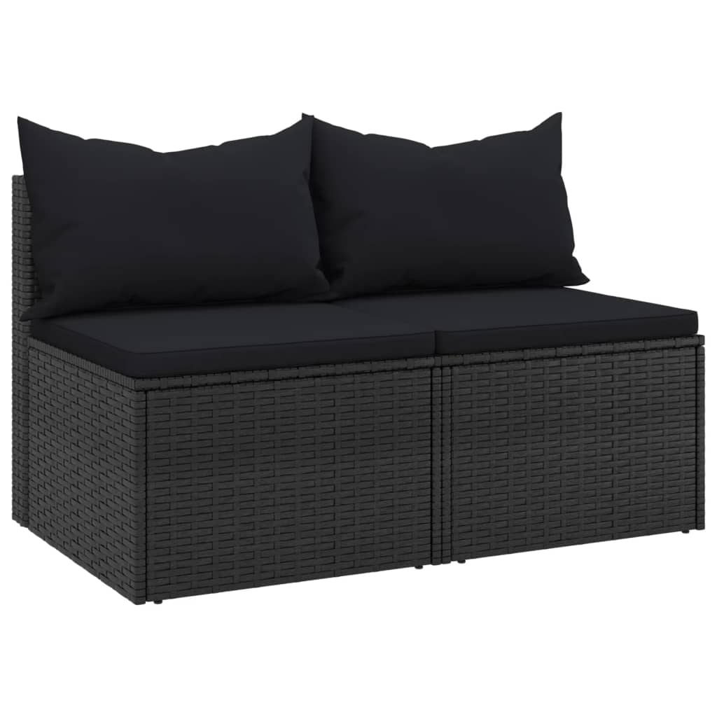 2 db fekete polyrattan kerti középső kanapé párnákkal