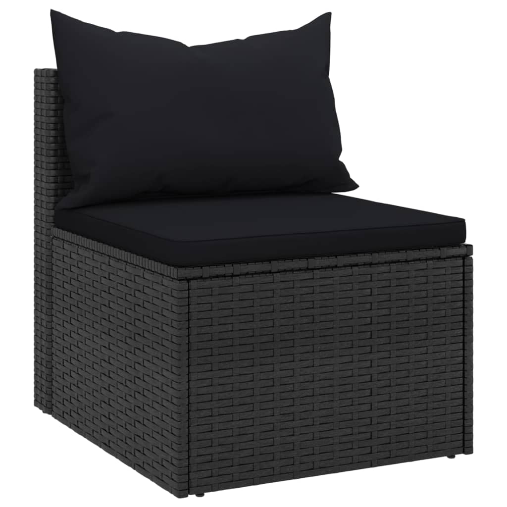 2 db fekete polyrattan kerti középső kanapé párnákkal