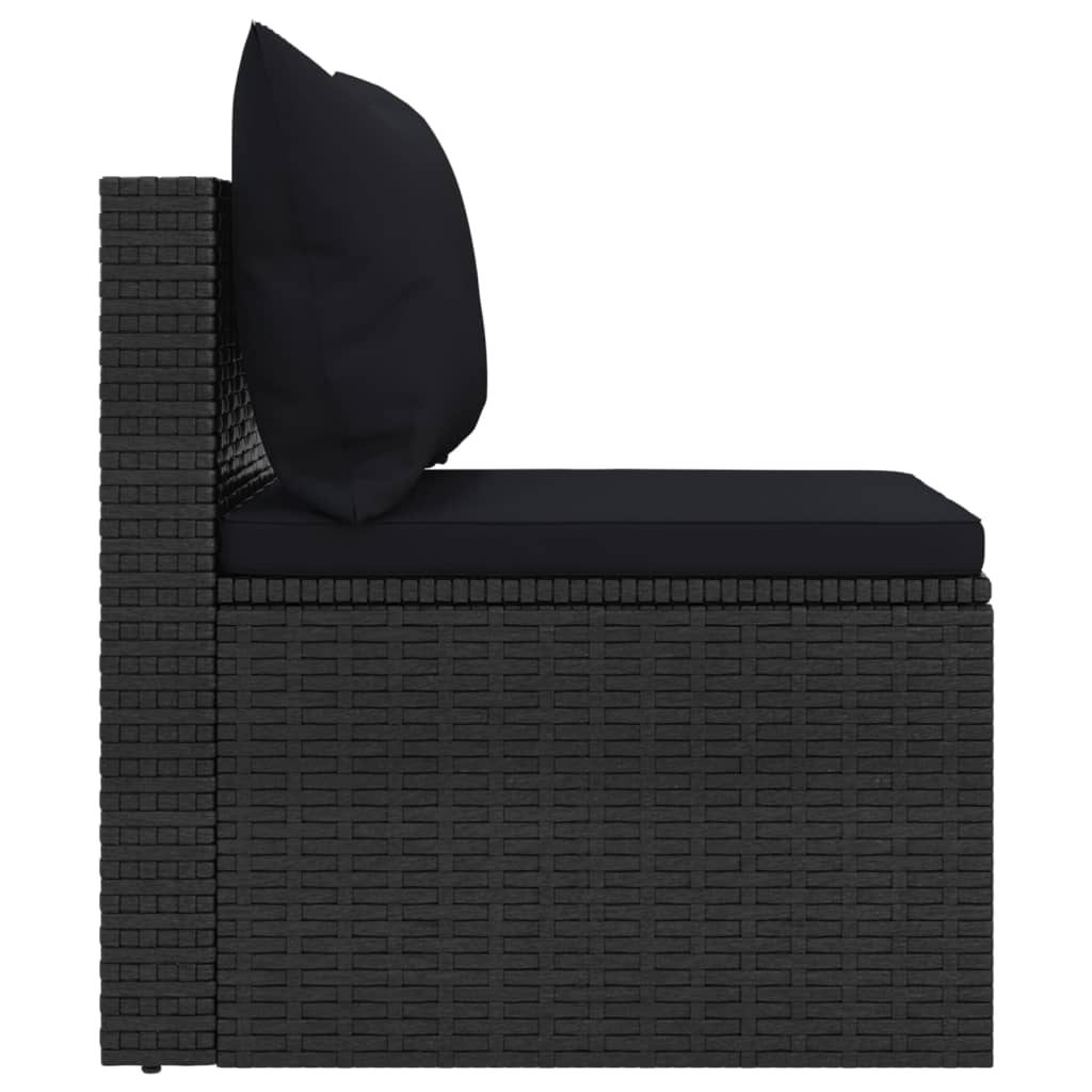 2 db fekete polyrattan kerti középső kanapé párnákkal