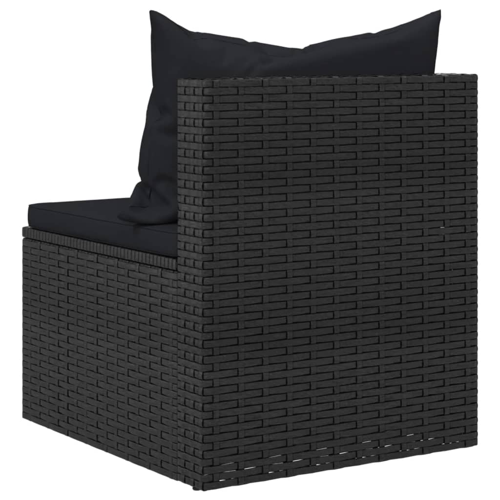 2 db fekete polyrattan kerti középső kanapé párnákkal