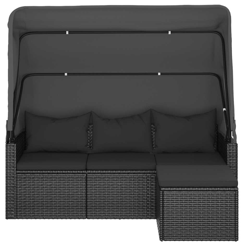3-személyes fekete polyrattan kanapé tetővel és lábtartóval
