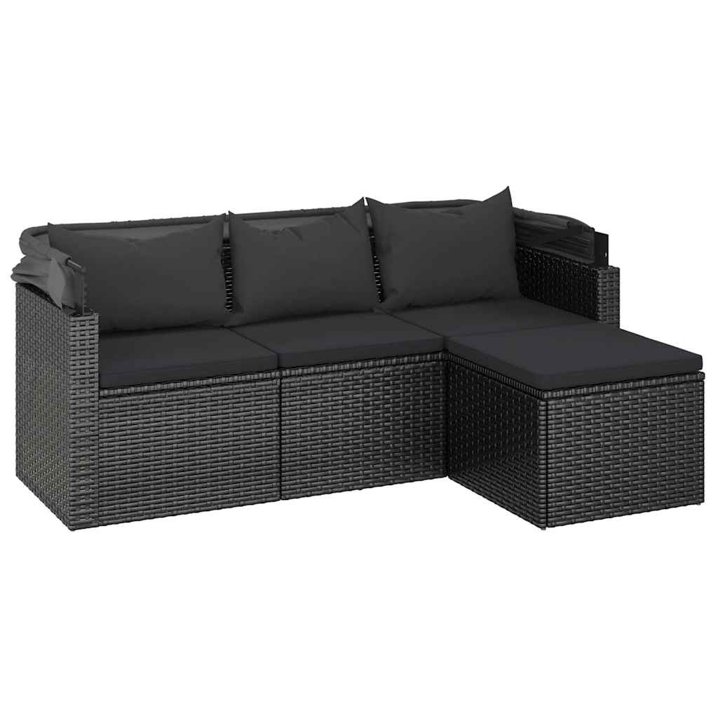 3-személyes fekete polyrattan kanapé tetővel és lábtartóval