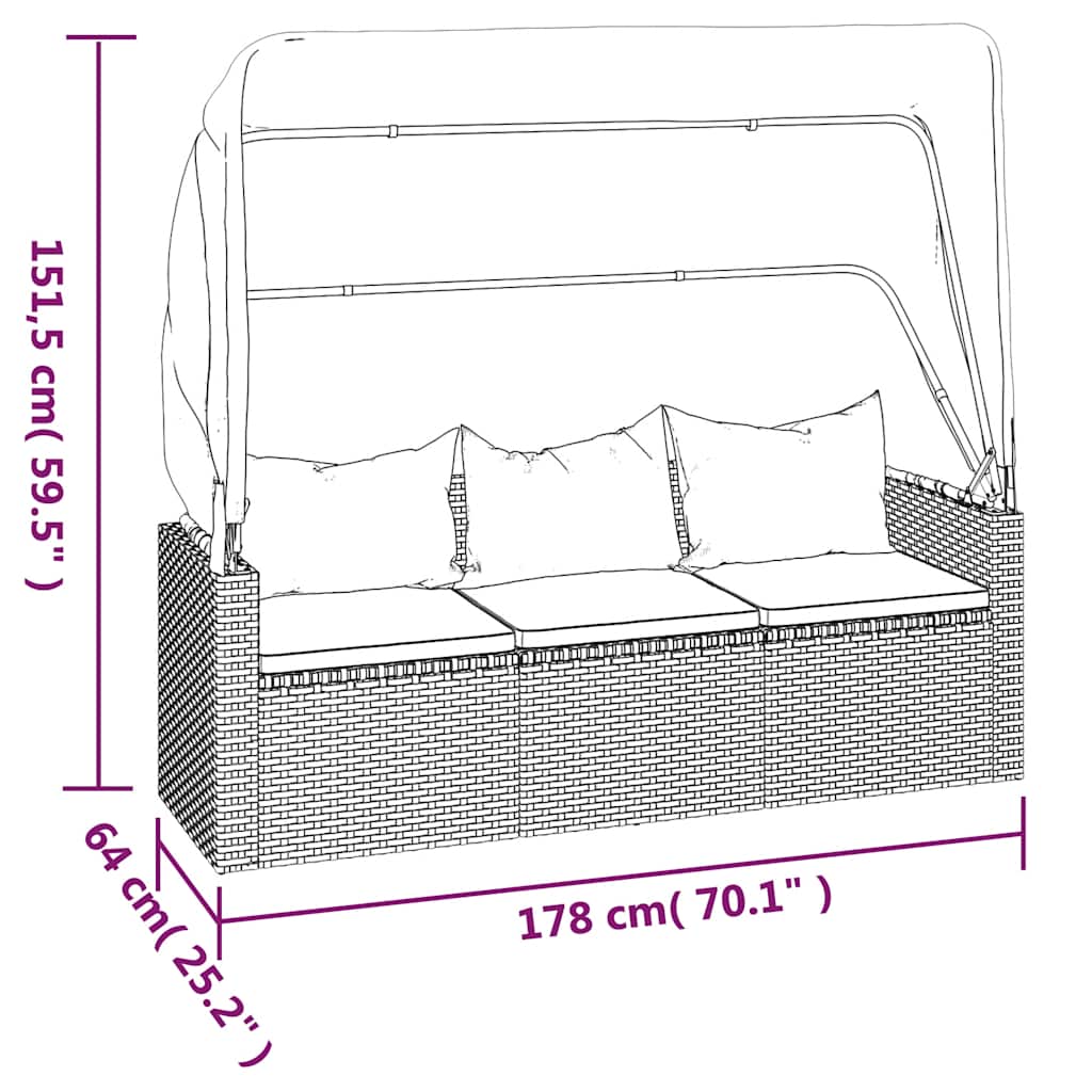 3-személyes szürke polyrattan kanapé tetővel és lábtartóval