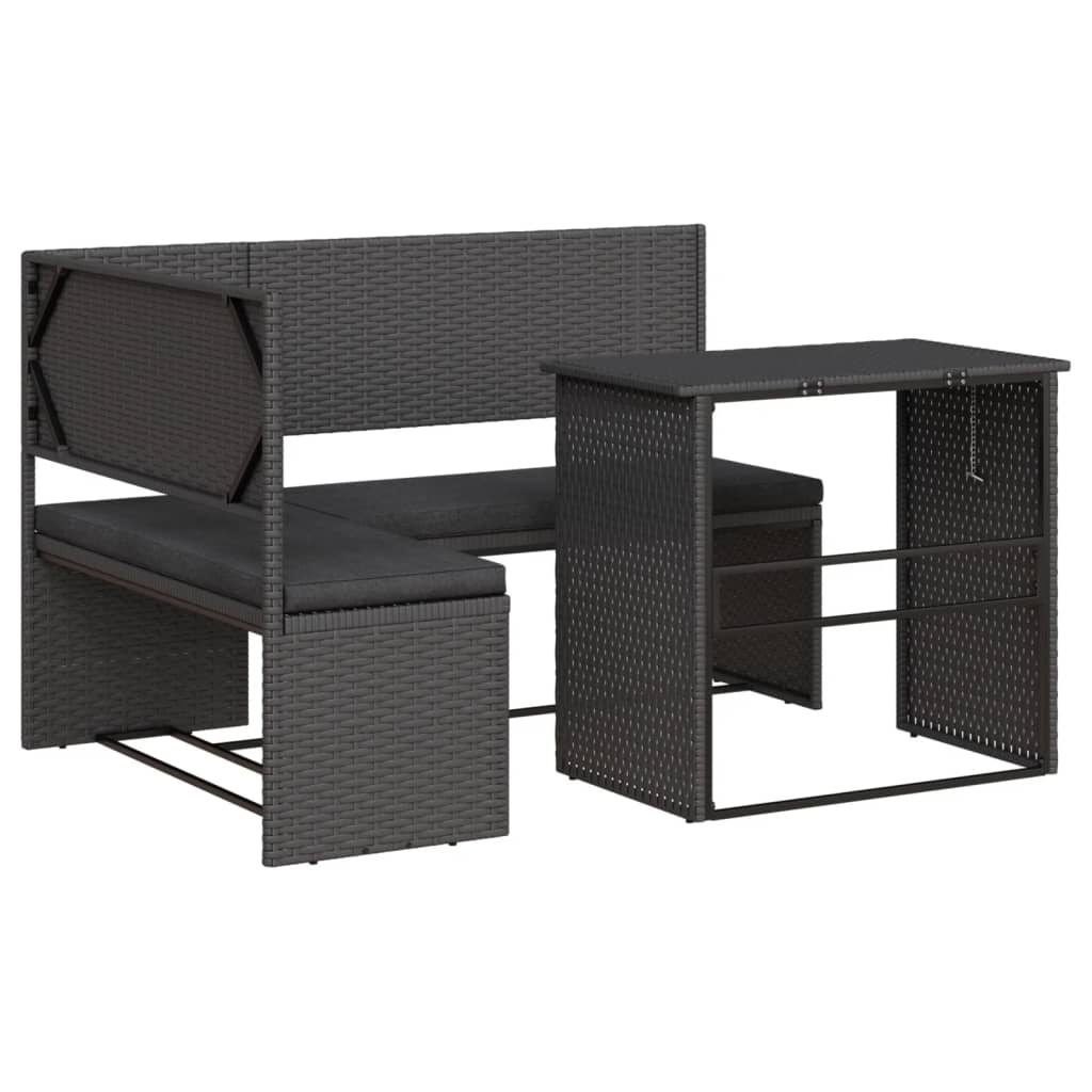 L-alakú fekete polyrattan kerti kanapé asztallal és párnával L-alakú fekete polyrattan kerti kanapé asztallal és párnával