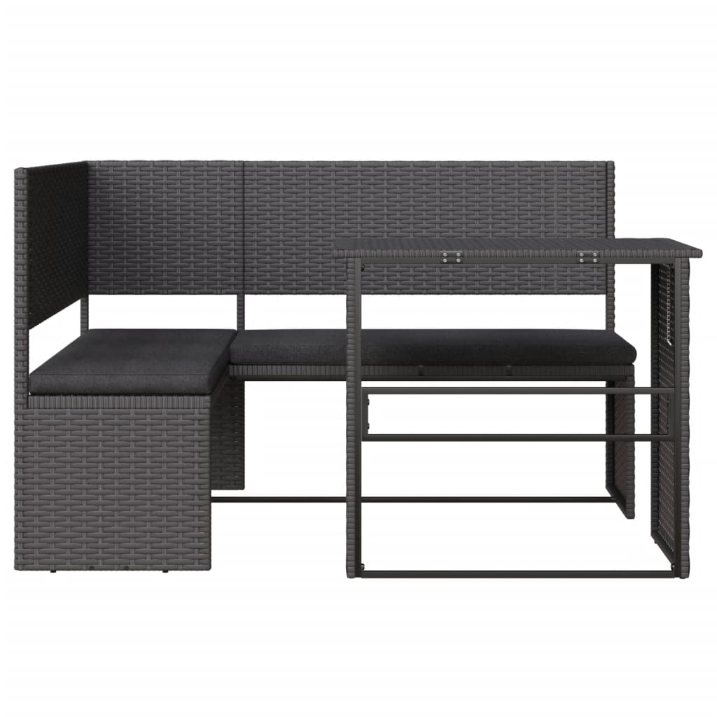 L-alakú fekete polyrattan kerti kanapé asztallal és párnával L-alakú fekete polyrattan kerti kanapé asztallal és párnával